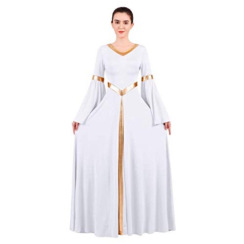 IDOPIP Metallic Praise Dance Dresses for Women Liturgical Lyrical Dancewear Gold Color Block Bell Long Sleeve Dance Dress Loose Fit Full Length Robe Tunic Skirt Swing Gown Worship Costume White 2XL - Image 3