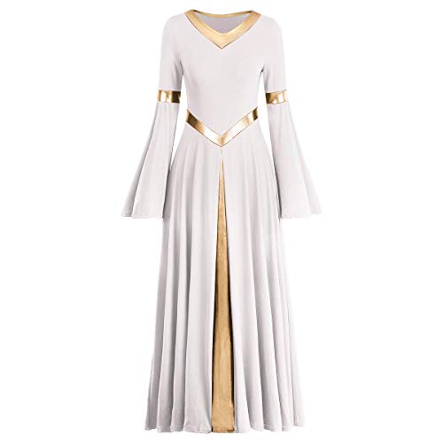 IDOPIP Metallic Praise Dance Dresses for Women Liturgical Lyrical Dancewear Gold Color Block Bell Long Sleeve Dance Dress Loose Fit Full Length Robe Tunic Skirt Swing Gown Worship Costume White 2XL - Image 1