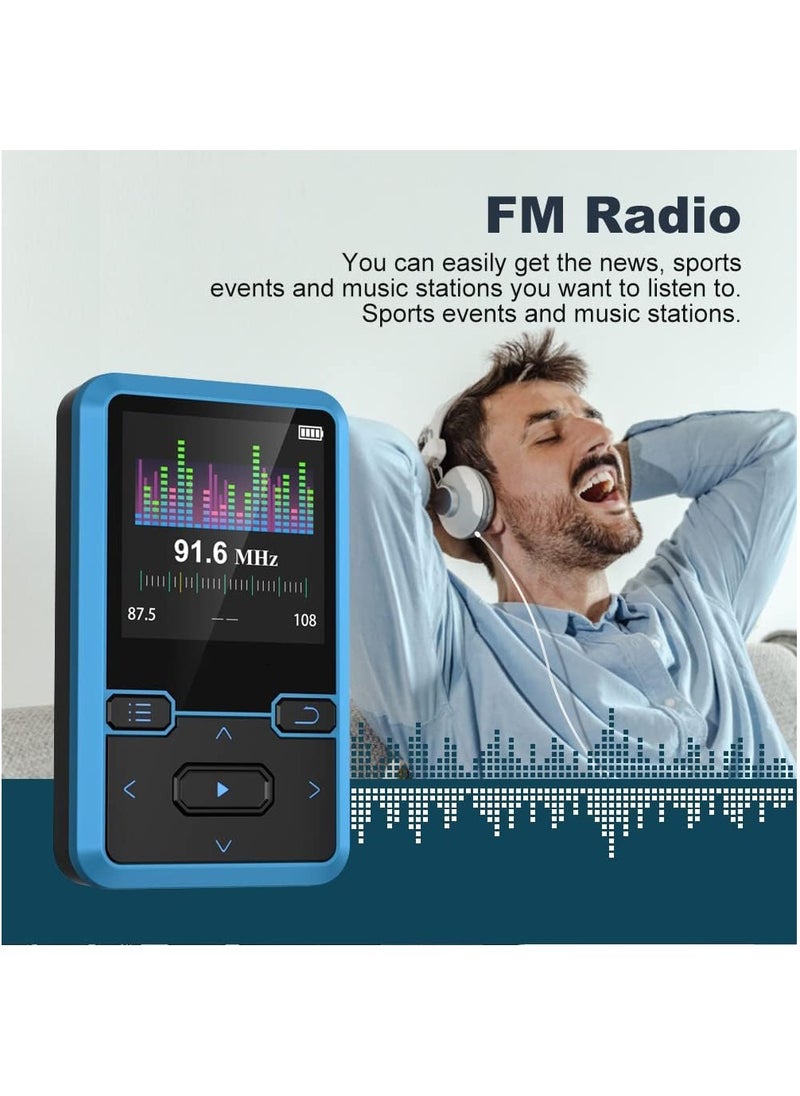 LAESO - Clip MP3 player with Bluetooth 5.0 MP3 digital audio music player portable wearable mp3 & mp4, ultra-lightweight MP3 player for kids, FM radio support, pedometer, up to 128GB (Blue) - Image 1