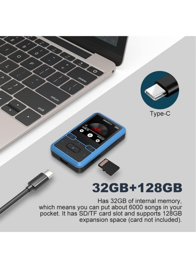 LAESO - Clip MP3 player with Bluetooth 5.0 MP3 digital audio music player portable wearable mp3 & mp4, ultra-lightweight MP3 player for kids, FM radio support, pedometer, up to 128GB (Blue) - Image 1