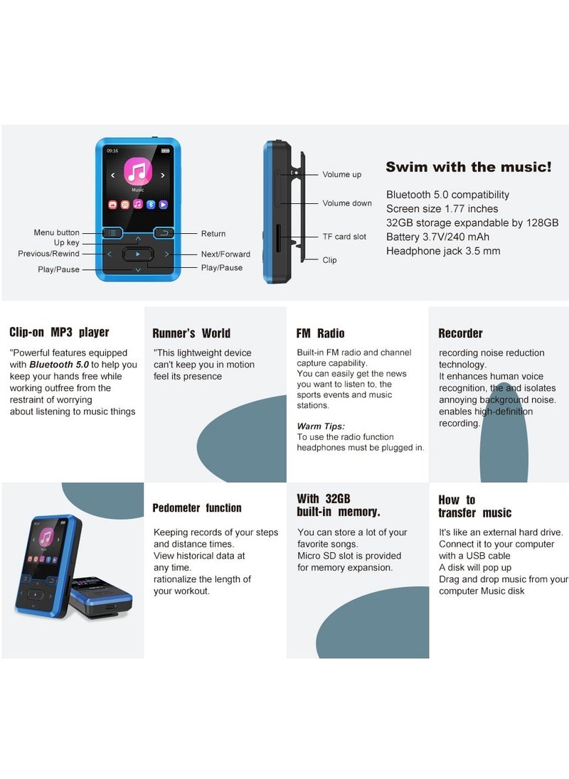 LAESO - Clip MP3 player with Bluetooth 5.0 MP3 digital audio music player portable wearable mp3 & mp4, ultra-lightweight MP3 player for kids, FM radio support, pedometer, up to 128GB (Blue) - Image 1