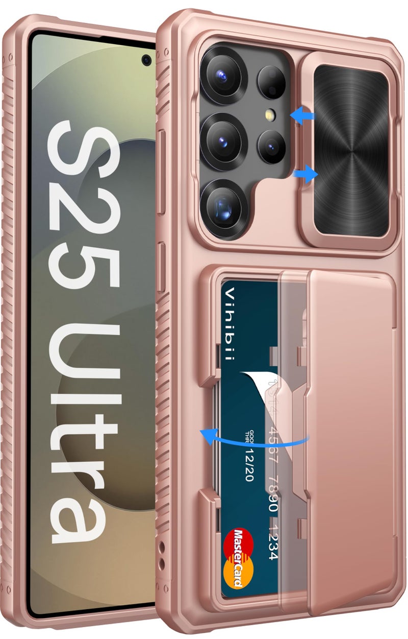 Vihibii فيهيبي لحافظة سامسونج جالاكسي S25 ألترا مع حامل بطاقات (4 بطاقات)، [حماية من RFID] وغطاء كاميرا منزلق، حماية من السقوط بمعيار عسكري، غطاء محفظة متين لسامسونج جالاكسي S25 ألترا، وردي ذهبي - Image 1