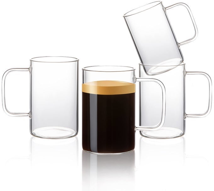 4PCS 18 OZ CLEAR GLASS COFFEE MUGS WITH HANDLE LARGE CUPS FOR COFFEE TEA LATTE CAPPUCCINO