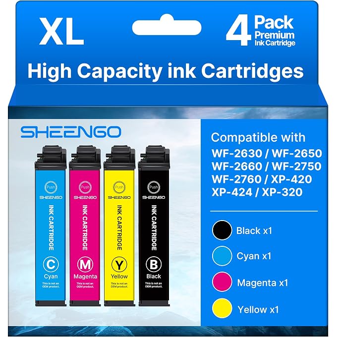 220XL Ink Cartridges Remanufactured for 220 220 XL 220XL Ink Cartridges for Printer WF-2760 WF-2750 WF-2630 WF-2650 WF-2660 XP-320 XP-420 XP-424 Printer (Black Cyan Magenta Yellow, 4 Pack)