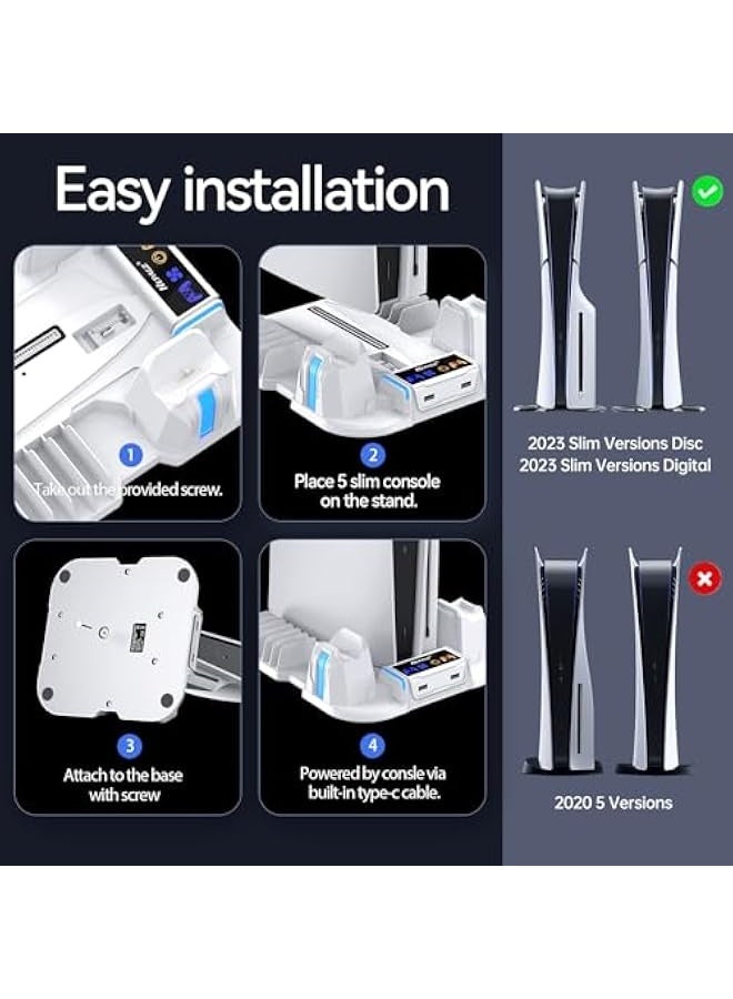 Topleo PS5 Slim Cooling Stand with Controller Charging Station for PS5 Slim Console(Digital/Disc), PS5 Slim Accessories Incl. 3 Levels Cooling Fan, 12 Pcs Game Storage for Playsation 5 Slim, White - Image 2