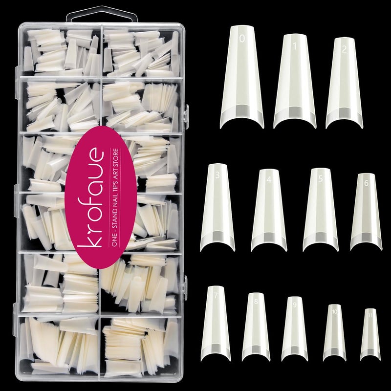 krofaue Natural Acrylic Nail Tips - 600PCS Half Cover Coffin False Nails 12 Size with Box for Salon and Home DIY
