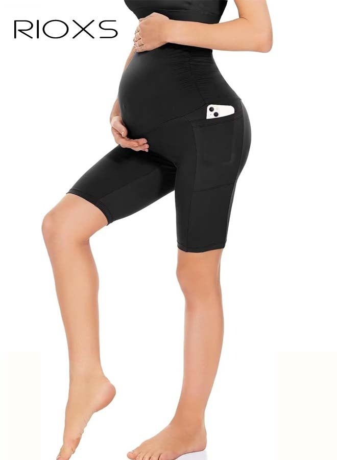 RIOXS Women's Maternity Yoga Shorts, Over The Belly Comfy Biker Workout Short Pants, Pregnancy Gym Shorts with Side Pockets, Elastic Athletic Shorts, Maternity Shapewear  for Belly Support, Prevent Thigh Chaffing, Black Maternity Shorts - Image 1