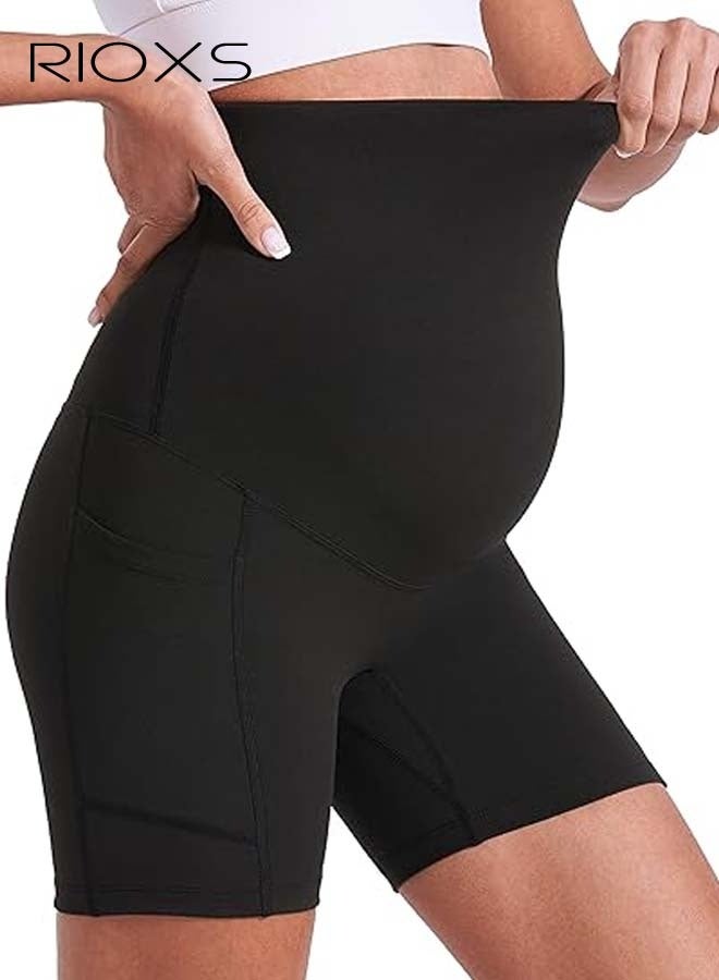 RIOXS Women's Maternity Yoga Shorts, Over The Belly Comfy Biker Workout Short Pants, Pregnancy Gym Shorts with Side Pockets, Elastic Athletic Shorts, Maternity Shapewear  for Belly Support, Prevent Thigh Chaffing, Black Maternity Shorts - Image 5