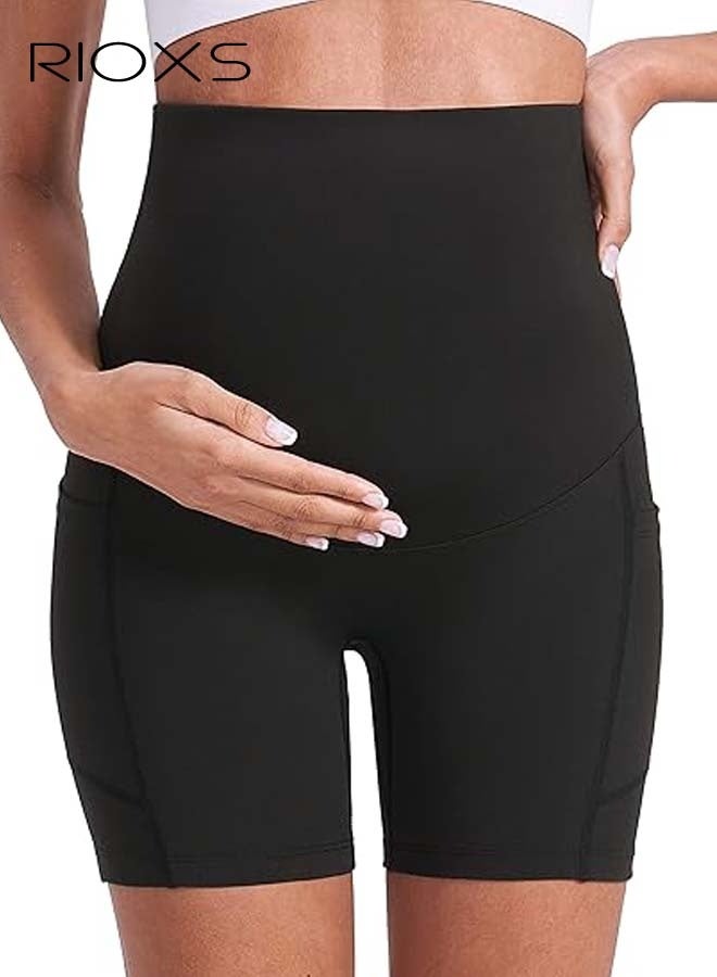 RIOXS Women's Maternity Yoga Shorts, Over The Belly Comfy Biker Workout Short Pants, Pregnancy Gym Shorts with Side Pockets, Elastic Athletic Shorts, Maternity Shapewear  for Belly Support, Prevent Thigh Chaffing, Black Maternity Shorts - Image 4