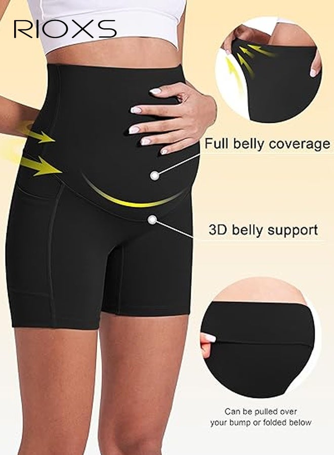 RIOXS Women's Maternity Yoga Shorts, Over The Belly Comfy Biker Workout Short Pants, Pregnancy Gym Shorts with Side Pockets, Elastic Athletic Shorts, Maternity Shapewear  for Belly Support, Prevent Thigh Chaffing, Black Maternity Shorts - Image 3