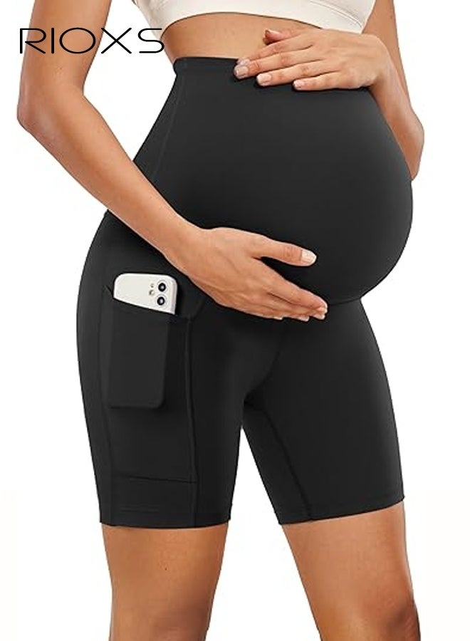 RIOXS Women's Maternity Yoga Shorts, Over The Belly Comfy Biker Workout Short Pants, Pregnancy Gym Shorts with Side Pockets, Elastic Athletic Shorts, Maternity Shapewear  for Belly Support, Prevent Thigh Chaffing, Black Maternity Shorts - Image 2