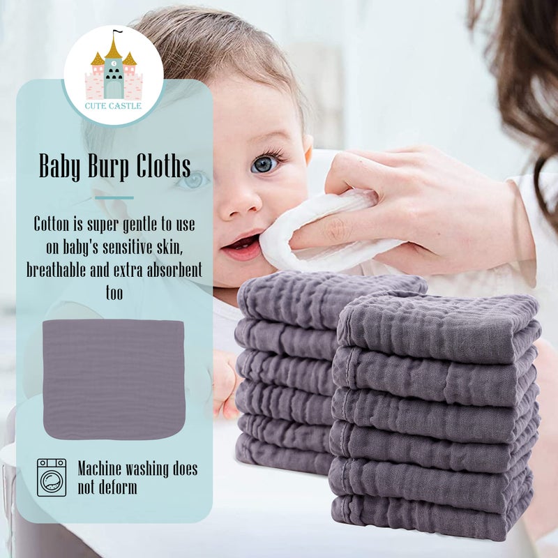 Cute Castle 12 Pack Muslin Burp Cloths for Baby - Ultra-Soft 100% Cotton Baby Washcloths - Large 20'' by 10'' Super Absorbent Milk Spit Up Rags - Burpy Cloths for Unisex, Boy, Girl - Grey - Image 3