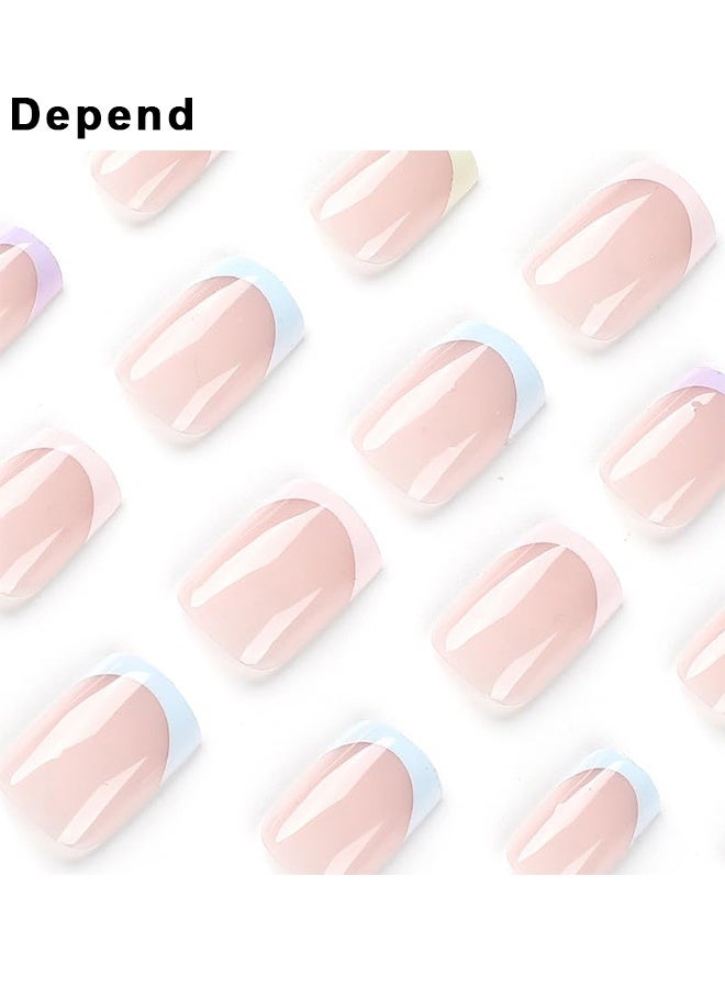 Depend French Tip Press On Nails Square 24Pcs Acrylic Glossy Full Cover Colorful False Nails With Nude Design Glue On Nails For Women Manicure, Colour French Tip Sticke On Nails, Designer Reusable Acrylic Nails Press Ons, Fake Nails With Glue On Nails - Image 5