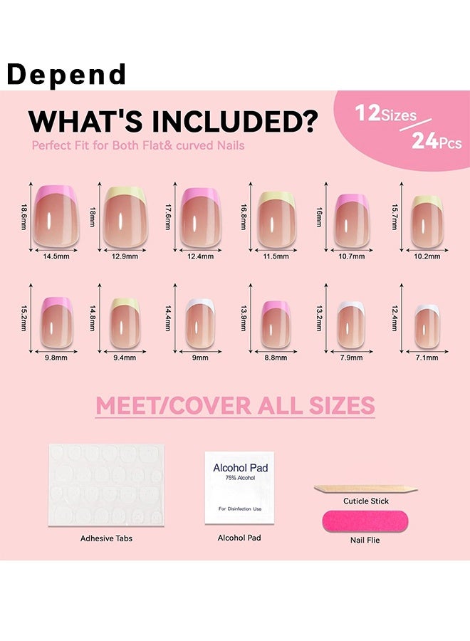 Depend French Tip Press On Nails Square 24Pcs Acrylic Glossy Full Cover Colorful False Nails With Nude Design Glue On Nails For Women Manicure, Colour French Tip Sticke On Nails, Designer Reusable Acrylic Nails Press Ons, Fake Nails With Glue On Nails - Image 3
