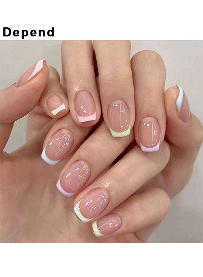 Depend French Tip Press On Nails Square 24Pcs Acrylic Glossy Full Cover Colorful False Nails With Nude Design Glue On Nails For Women Manicure, Colour French Tip Sticke On Nails, Designer Reusable Acrylic Nails Press Ons, Fake Nails With Glue On Nails - Image 1