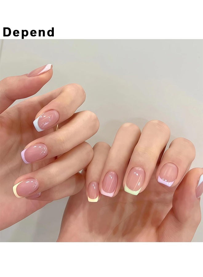 Depend French Tip Press On Nails Square 24Pcs Acrylic Glossy Full Cover Colorful False Nails With Nude Design Glue On Nails For Women Manicure, Colour French Tip Sticke On Nails, Designer Reusable Acrylic Nails Press Ons, Fake Nails With Glue On Nails - Image 2