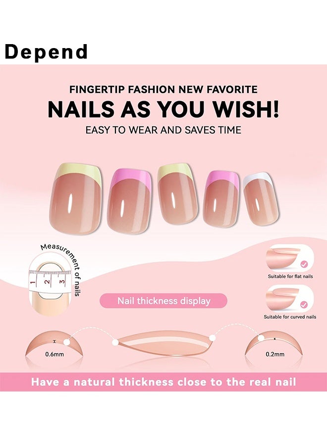 Depend French Tip Press On Nails Square 24Pcs Acrylic Glossy Full Cover Colorful False Nails With Nude Design Glue On Nails For Women Manicure, Colour French Tip Sticke On Nails, Designer Reusable Acrylic Nails Press Ons, Fake Nails With Glue On Nails - Image 4