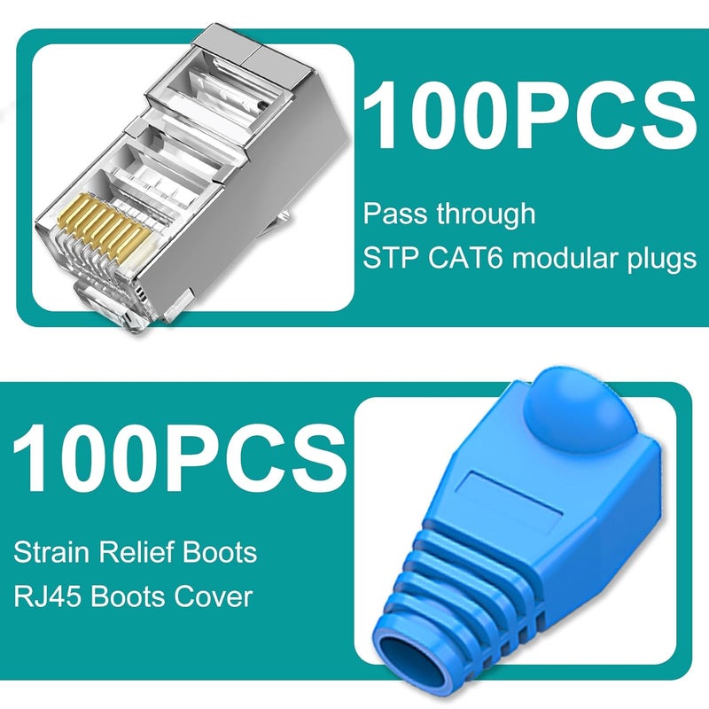 Brileine عبوة المكونة من 100 وصلة RJ45 من نوع Cat6 محمية، قابلة للمرور، مزودة بغطاء للأجزاء الخارجية من الوصلات، تسهل عملية الربط وتوفر أطراف إيثرنت عالية الجودة لكابلات من نوع Cat6 وCat5e. - Image 2