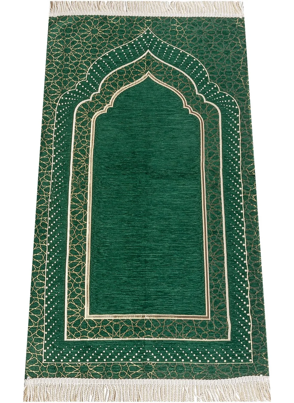 İhvan Online Mihrap Patterned Lined Chenille Prayer Rug - Green