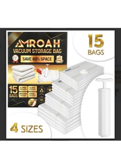 15 Pack Vacuum Storage Bags with Hand Pump, 4 Small Medium Large 3 Jumbo Reusable Compression Airtight Space Saver Vacuum Bags for Clothes Travel Bedding Pillows Comforters Blankets