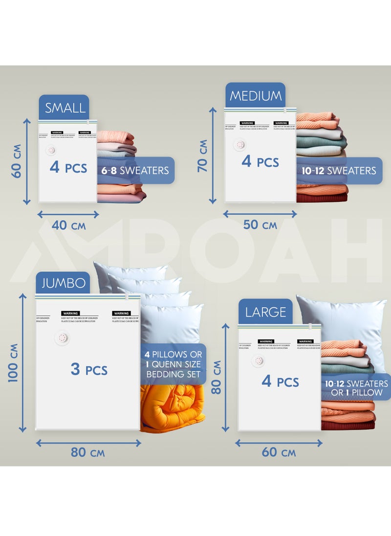 AMROAH - 15 Pack Vacuum Storage Bags with Hand Pump, 4 Small Medium Large 3 Jumbo Reusable Compression Airtight Space Saver Vacuum Bags for Clothes Travel Bedding Pillows Comforters Blankets - Image 1