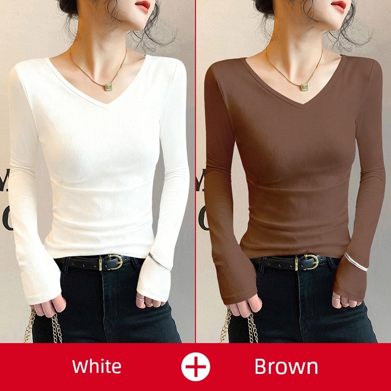 V-neck long-sleeved T-shirt for women in spring, autumn, and winter, slim-fit inner wear, chicken heart collar, modal base shirt, anti-aging temperament, popular top - Image 3