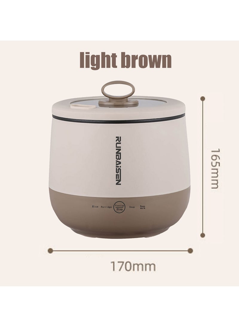 Portable Mini Rice Cooker, 1.8 Litre Small Electric Hot Pot Ramen Cooker, Travel, Office, Multifunctional, For Cooking Rice, Soup, Dormitory for 1-2 People, Light Brown
