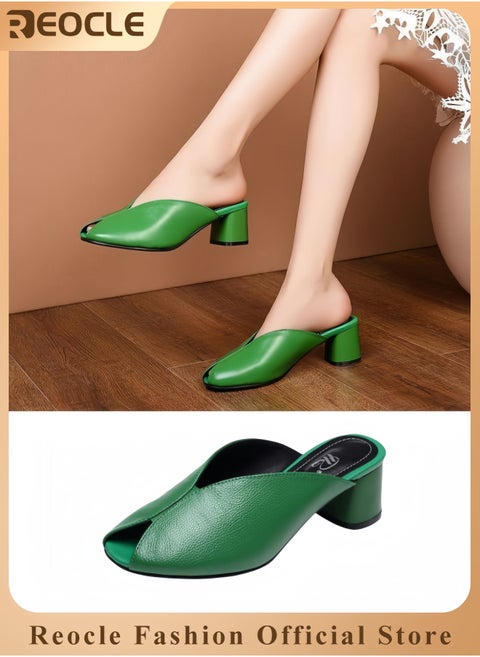 Women's Stylish Leather Shoes Fashionable Square Toe Shoes for Women Chunky Heel Sandals PU Leather on Mid Block Heels Sandals