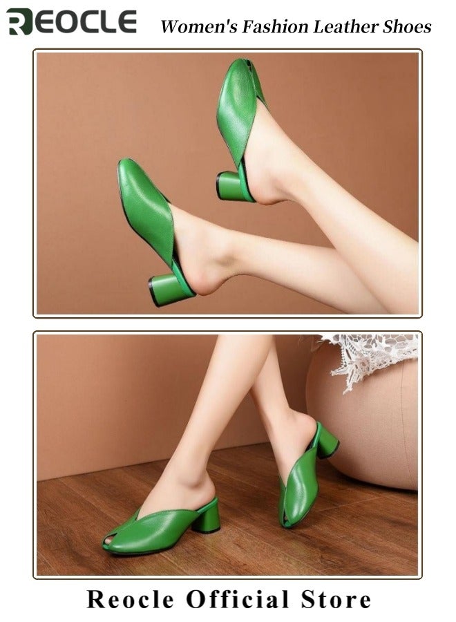REOCLE Women's Stylish Leather Shoes Fashionable Square Toe Shoes for Women Chunky Heel Sandals PU Leather on Mid Block Heels Sandals - Image 3