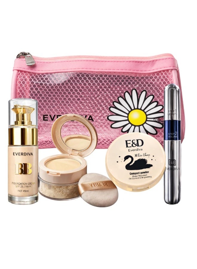 Everdiva Complete Face Makeup Combo Kit with Foundation, Loose Powder, Compact Powder, Mascara & Makeup Bag - Image 1