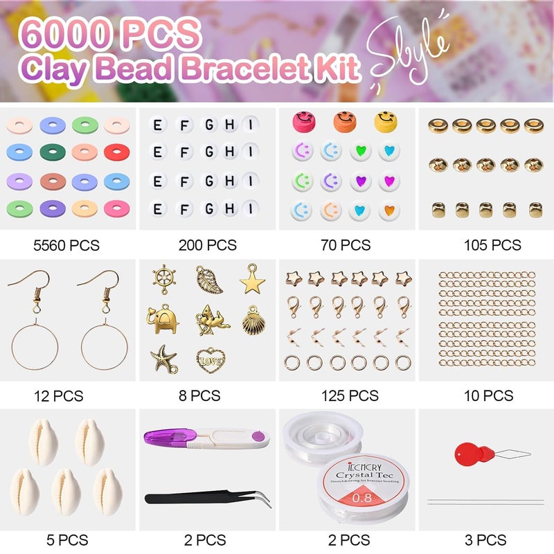 Gbivbe 6000 Pcs Clay Beads for Bracelet Making Kit, Gbivbe Polymer Clay Beads Jewelry Making Kit for Girls, Clay Bead Set with Letter Beads, 24 Colors Flat Round Heishi Beads for Necklace DIY Craft - Image 2