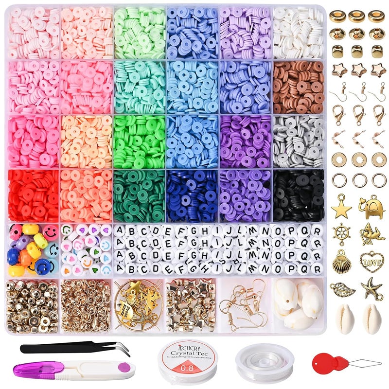 Gbivbe 6000 Pcs Clay Beads for Bracelet Making Kit, Gbivbe Polymer Clay Beads Jewelry Making Kit for Girls, Clay Bead Set with Letter Beads, 24 Colors Flat Round Heishi Beads for Necklace DIY Craft - Image 1