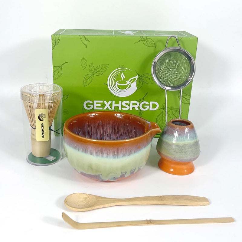 GEXHSRGD Matcha Whisk Set 6 pc Kit - Traditional Japanese Chasen, Bamboo Whisk Holder, Ceramic Bowl with Spout, Sifter & 2 pc Spoons - matcha kit set, Gift for Matcha Tea Lovers (Gradient Orange) - Image 1
