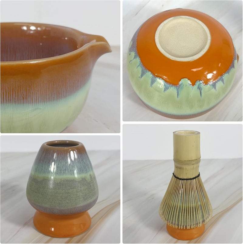 GEXHSRGD Matcha Whisk Set 6 pc Kit - Traditional Japanese Chasen, Bamboo Whisk Holder, Ceramic Bowl with Spout, Sifter & 2 pc Spoons - matcha kit set, Gift for Matcha Tea Lovers (Gradient Orange) - Image 2