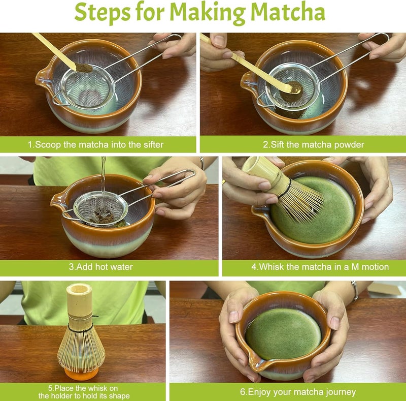 GEXHSRGD Matcha Whisk Set 6 pc Kit - Traditional Japanese Chasen, Bamboo Whisk Holder, Ceramic Bowl with Spout, Sifter & 2 pc Spoons - matcha kit set, Gift for Matcha Tea Lovers (Gradient Orange) - Image 5