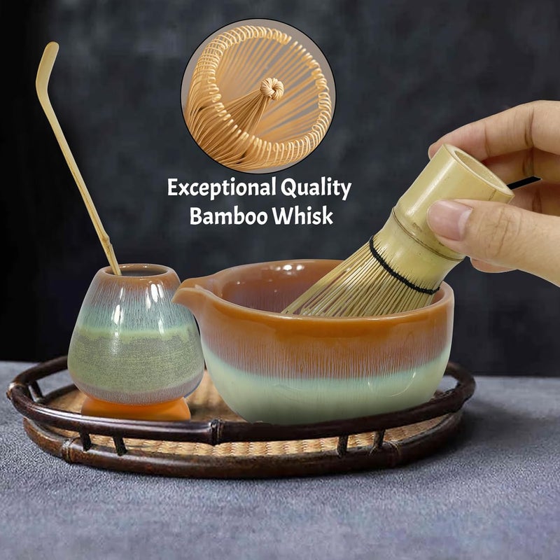 GEXHSRGD Matcha Whisk Set 6 pc Kit - Traditional Japanese Chasen, Bamboo Whisk Holder, Ceramic Bowl with Spout, Sifter & 2 pc Spoons - matcha kit set, Gift for Matcha Tea Lovers (Gradient Orange) - Image 4