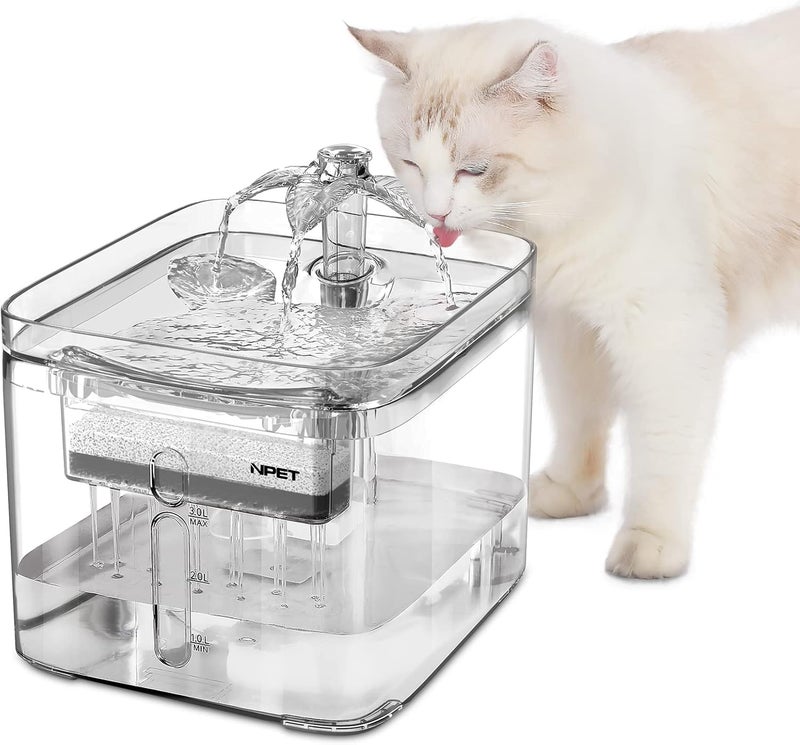 NPET Cat Water Fountain, 3L Automatic Pet Drinking Fountain Dog Water Dispenser with Quadruple-Action Filter (Polycarbonate (PC), Clear) - Image 1