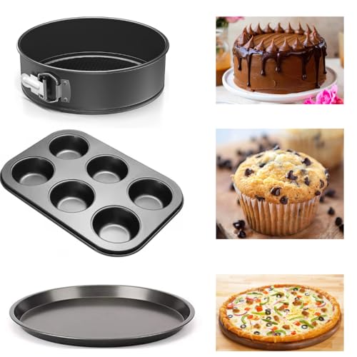 TrendyTrolley 3 Pc Cake Baking Combo Set - Round Cake Tin| Pizza Pan & Muffin Cupcake Tray Non Stick Springform Removable Bottom |Microwave Safe Moulds - Image 1
