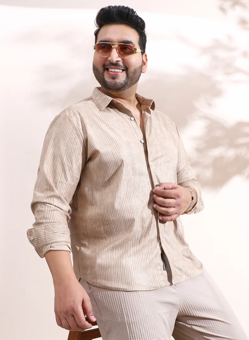 Instafab Plus Instafab Plus Men's Sand Beige Rhythm-Weave Shirt For Casual Wear | Spread Collar | Long Cuffed Sleeves | Button Closure | Plus Size Shirt Crafted With Comfort Fit For Everyday Wear