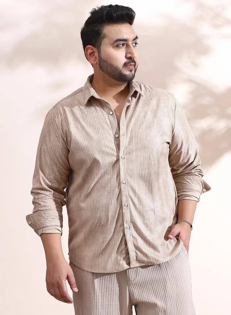 Instafab Plus Instafab Plus Men's Sand Beige Rhythm-Weave Shirt For Casual Wear | Spread Collar | Long Cuffed Sleeves | Button Closure | Plus Size Shirt Crafted With Comfort Fit For Everyday Wear