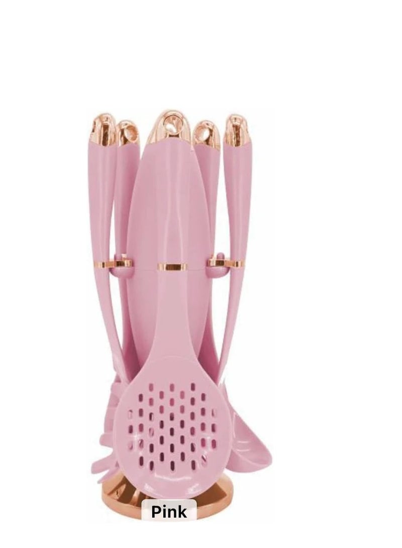 Kitchen Utensil Set Tools Silicon Serving Spoon Set -6 Pieces (5 Pieces +Stand) -Pink - Image 1