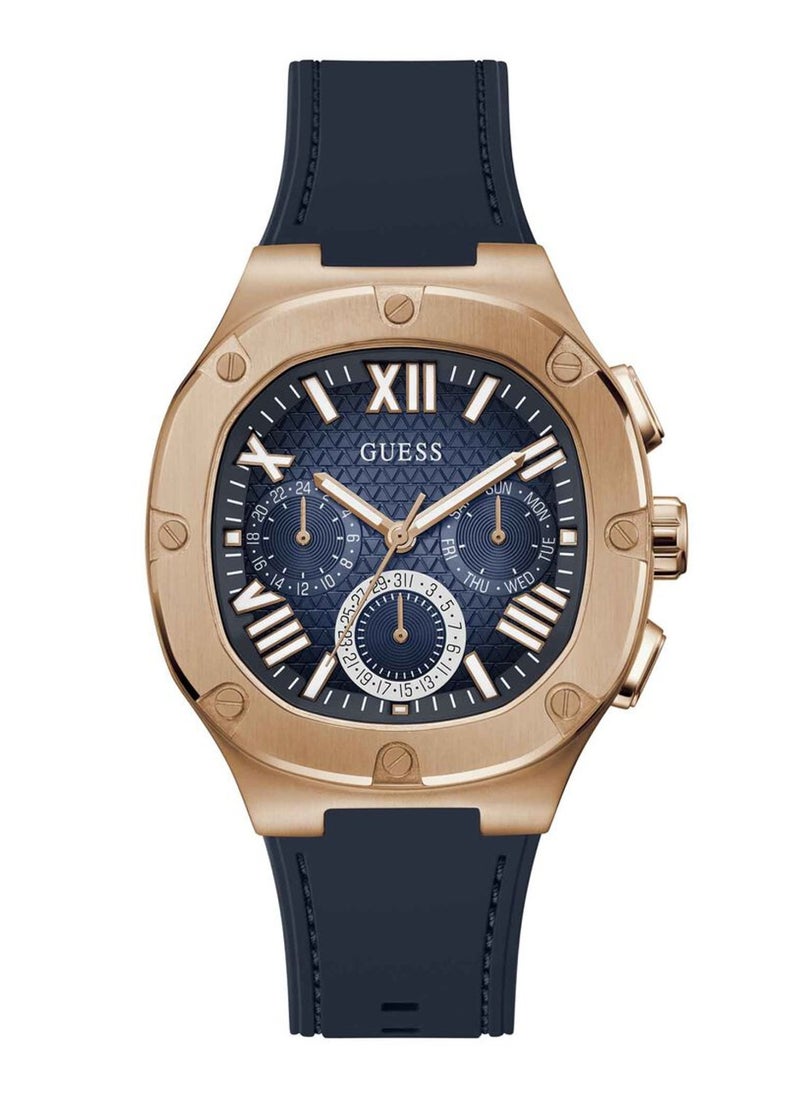 GUESS ساعة هيدلاين كرونوغراف للرجال هيكل ذهبي وردي وبسوار سيليكون أزرق GW0571G2 - 42 ملم  - Image 1