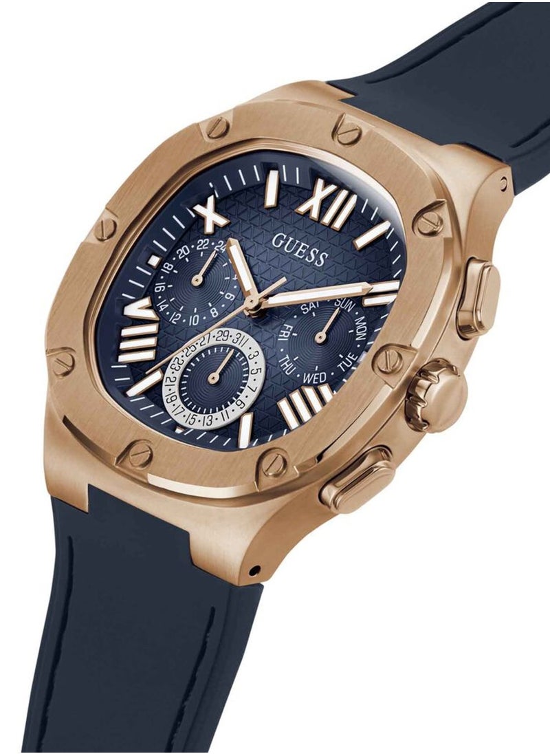 GUESS ساعة هيدلاين كرونوغراف للرجال هيكل ذهبي وردي وبسوار سيليكون أزرق GW0571G2 - 42 ملم  - Image 4