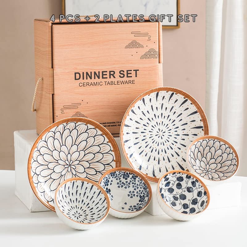 KitchEase Japanese Ramen Porcelain Dinner Set 12 Floral Multicolor Serving Bowls 6 Plates Microwave Safe Elegant Dinnerware for Lunch Dinner and Festive Gifts Set of 18 - Image 2