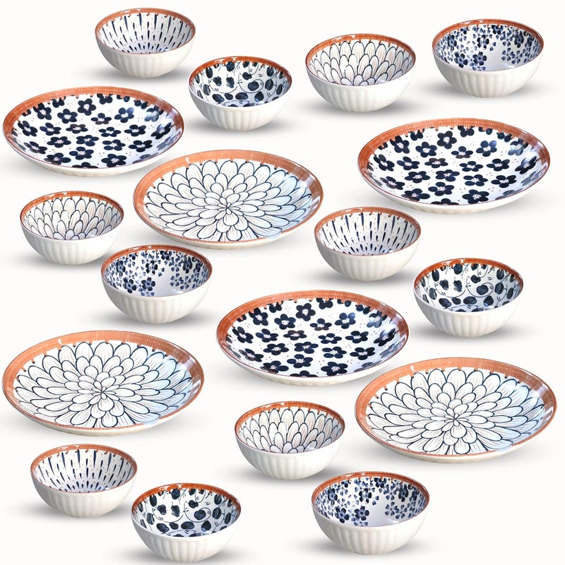 KitchEase Japanese Ramen Porcelain Dinner Set 12 Floral Multicolor Serving Bowls 6 Plates Microwave Safe Elegant Dinnerware for Lunch Dinner and Festive Gifts Set of 18 - Image 1
