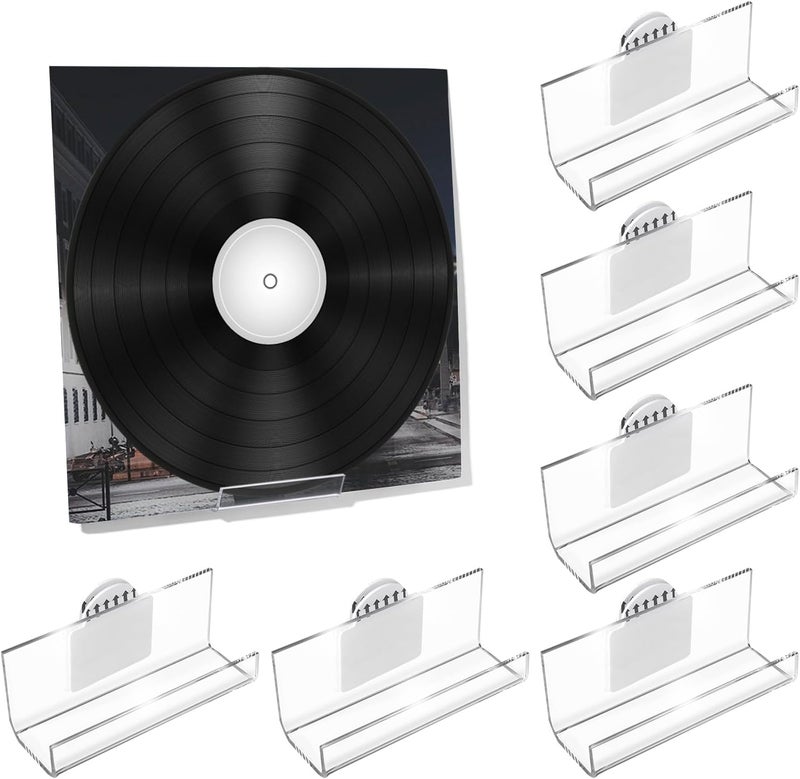 KASTWAVE 6 Pack Vinyl Record Holder Wall Mount, No Drill, Self Adhesive Acrylic Display Racks for LP Album Covers, Vinyl Records, CDs, Books, and Picture Frames. Easy Install, Durable Wall Shelves for Home - Image 1
