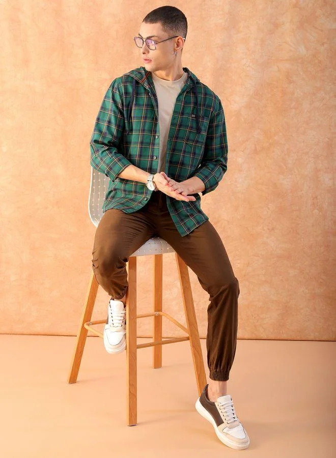 شركة المرآب الهندية Men Slim Fit Checkered Full Sleeves Hooded Casual Shirt