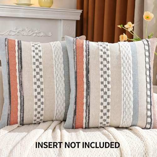 Tosleo Bohemian Pillow Covers 18x18 Set of 2 Boho Tufted Throw Pillow Covers Striped Decorative Pillow Cases Accent Chenille Pillowcases Farmhouse Cushion Case for Spring Home DecorOrange and Blue - Image 3