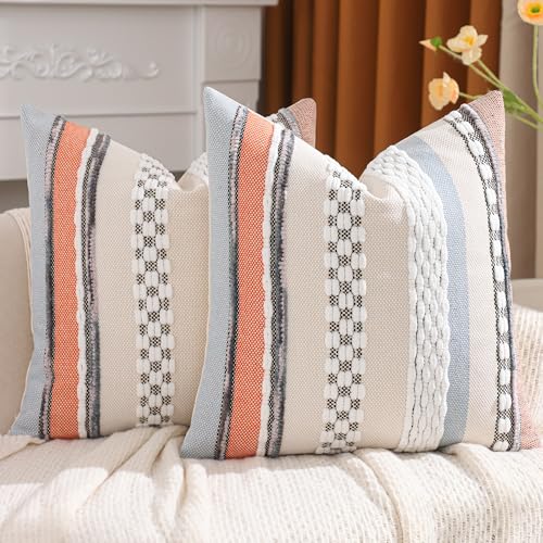 Tosleo Bohemian Pillow Covers 18x18 Set of 2 Boho Tufted Throw Pillow Covers Striped Decorative Pillow Cases Accent Chenille Pillowcases Farmhouse Cushion Case for Spring Home DecorOrange and Blue - Image 1