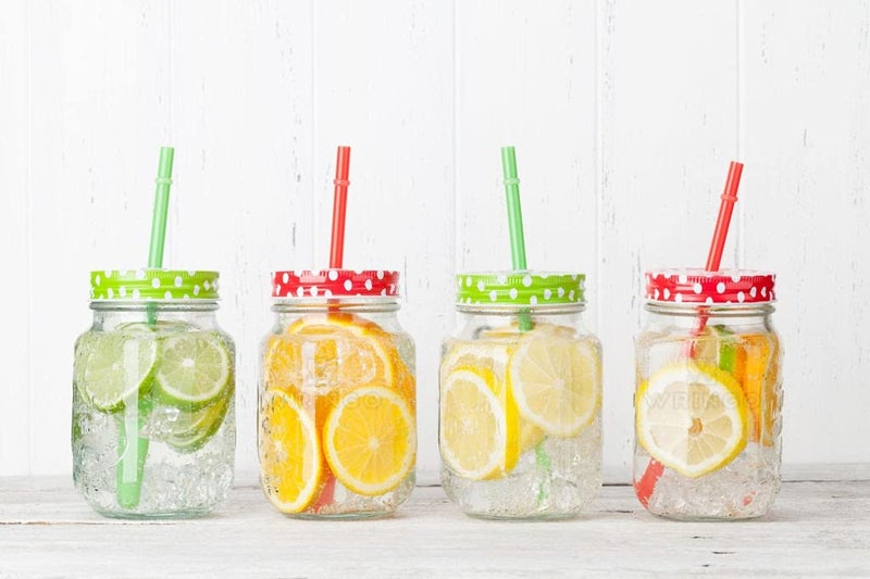 WRINGO® 500 ml Glass Mason Jar, Juice Soft Cold Drinks Mason Mug with Handle and Multi Color Lid and Straw, Transparent (10) - Image 1